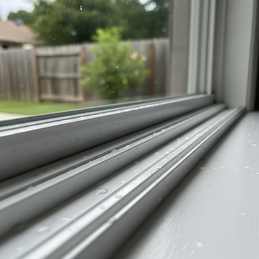 A close-up, photographic realistic view of a sliding residential window track, meticulously cleaned so the aluminum rails and white plastic trim look almost new. Every groove is free of dust and debris, with tiny water droplets catching the light along the edges. The glass above is spotless, revealing a softly blurred backyard with green grass and a hint of a fence. Natural daylight streams in from outside, creating subtle highlights and gentle shadows inside the track. Captured from a low, macro-like angle with shallow depth of field, the mood is precise, professional, and detail-oriented, showcasing the quality of track detailing offered by the window cleaning service.