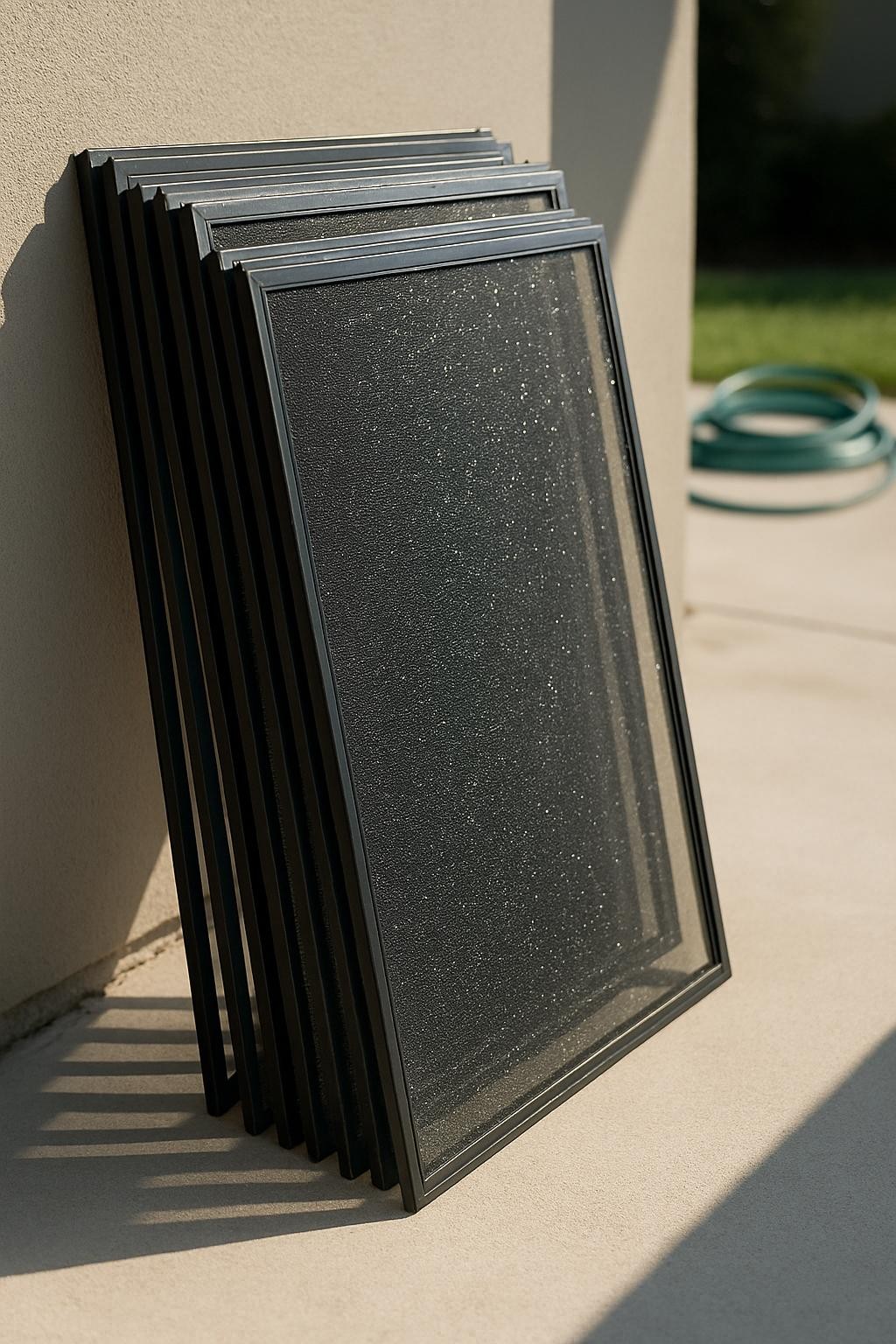 A neat stack of freshly cleaned insect screens leaning against a neutral-colored exterior wall, each screen perfectly aligned to show uniform, taut mesh framed by dark aluminum. Tiny droplets of water cling to the mesh, sparkling in the bright Florida sun. The ground is a clean concrete patio with a hose coiled in the far background, softly blurred. Photographic realism with clear, late-morning sunlight creating crisp, defined shadows of the screens on the ground. Captured from a slightly elevated angle following the rule of thirds, the mood is organized, efficient, and professional, emphasizing the thoroughness of screen cleaning as part of the window cleaning service.