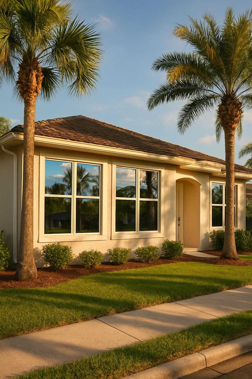 A curbside view of a tidy, single-story Florida home with multiple large front windows, all flawlessly cleaned and gleaming in the sunshine. The light-colored stucco exterior, neatly edged lawn, and a few palm trees create a recognizable Palm Bay and Melbourne neighborhood feel. The windows reflect the blue sky and surrounding greenery without any streaks or spots. Photographic realism with warm, golden late-afternoon light casting soft shadows from the palm trees across the façade. Shot from a slightly low, wide-angle perspective to make the home appear welcoming and well cared-for, the overall mood is bright, trustworthy, and professional, reinforcing the value of residential window cleaning for curb appeal.